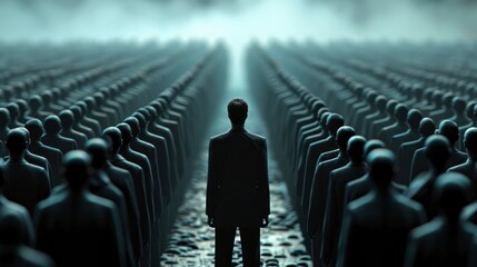 A man in business attire, standing with a look of quiet resolve amidst a sea of faceless, uniform figures. Individuality versus conformity concept - obrazy, fototapety, plakaty