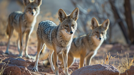 Obraz premium Pack of coyotes in the desert, alert and looking at the camera