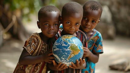 International day of peace concept. African Children holding earth globe. Group of African children holding planet earth planet earth over defocused nature background with copy space.