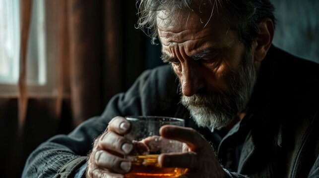 A distressed man grappling with alcohol addiction, his expression fraught with despair, clutches a glass of liquor, symbolizing the struggle and pain of dependency