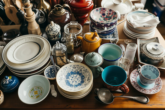 Eclectic Mix of Second-Hand Kitchenware and Dishes at a Flea Market