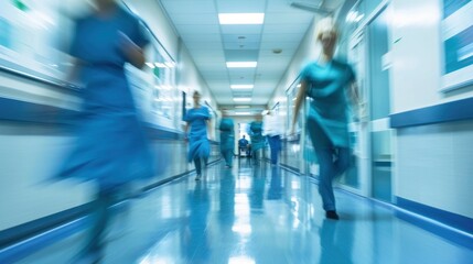 Long exposure blurred motion of medical doctors and nurses in a hospital ward wearing blue aprons, walking down a corridor - obrazy, fototapety, plakaty