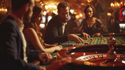 People addicted to gambling, roulette, horse racing slot machines blackjack, poker - obrazy, fototapety, plakaty