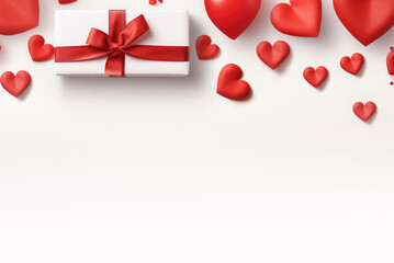 Beautiful background with hearts and gift box for Valentine's Day with empty space for text. Festive banner. Top view.