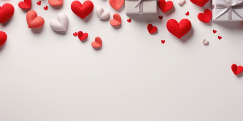 Beautiful background with hearts and gift box for Valentine's Day with empty space for text. Festive banner. Top view