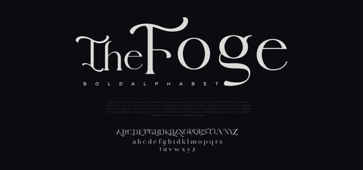 Foge premium luxury elegant alphabet letters and numbers. Elegant wedding typography classic serif font decorative vintage retro. Creative vector illustration