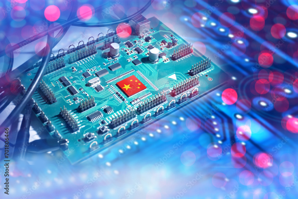Poster microchip with china flag. production of computer components. production of microchips in china. mic