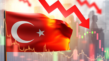 Crisis in Turkey economy. State Turkish flag. Turkey GDP decline chart. Financial crisis....