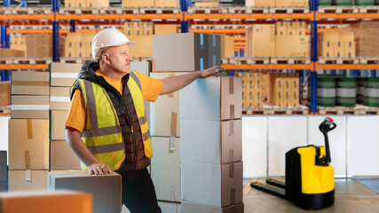 Customs warehouse employee. Man stands inside vault. Loader in warehouse with boxes and racks....