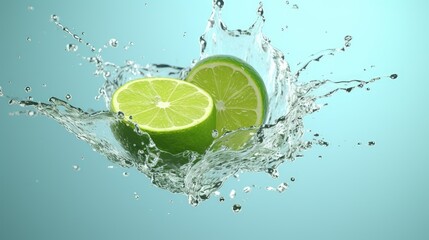 Fresh lime cut in half with water splash isolated on light blue background.