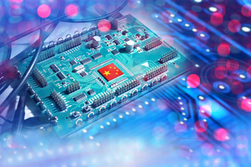 Microchip with China flag. Production of computer components. Production of microchips in China....