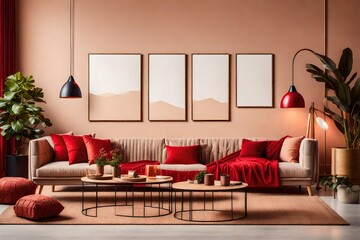 Warm and cozy living room interior with red mock up poster frame, copy space, stylish beige sofa, patterned pillow, coffee table, beautiful frame and personal accessories. Home decor.