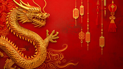 Golden Dragon and Traditional Chinese Lanterns on Red Background