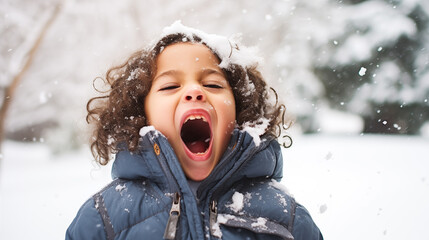A delightful image of a child attempting to capture snowflakes with their tongue.