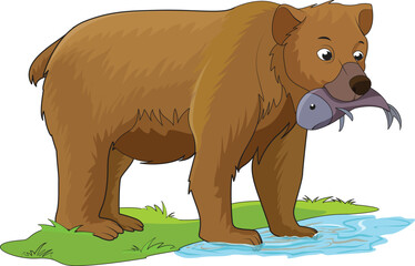 Bear with fish in mouth vector illustration