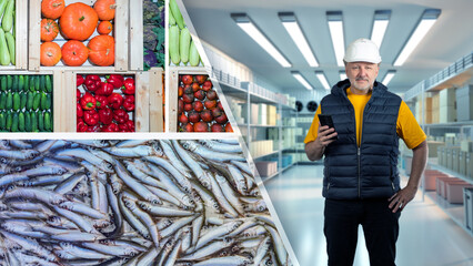Man in cold storage warehouse. Refrigerator with fish and vegetables. Cold storage warehouse worker...