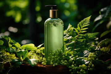 Green jar with a dispenser for organic and natural cosmetics on a wooden podium against the background of branches made of leaves. Layout for logo and label application