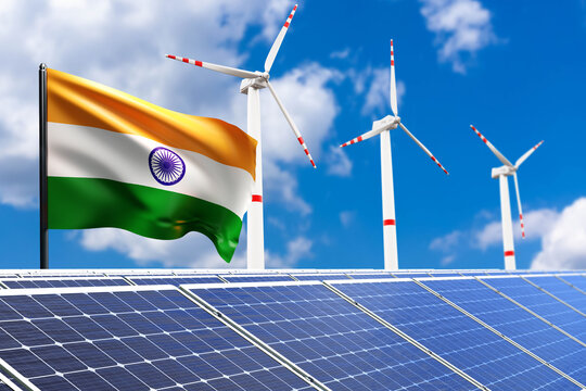 Solar panels with India flag. Power station. Wind turbines under blue sky. Solar power plant. Renewable energy in India. Eco friendly power station. Modern electric station in India. 3d image