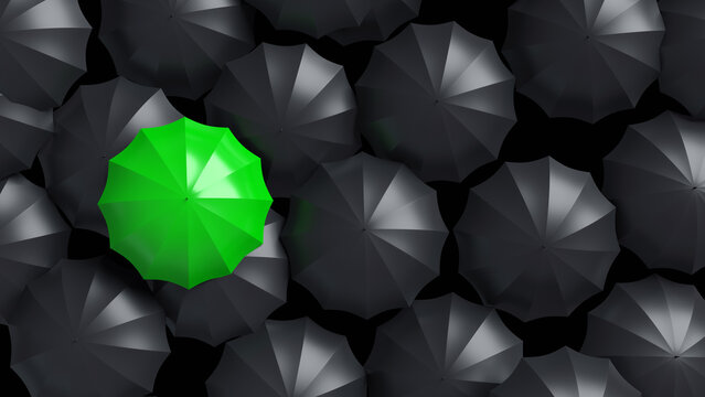 Umbrella that stands out among others. Background symbolizing individuality. Black umbrellas around green. Concept of being different. Backdrop for presentation about individuality. 3d image