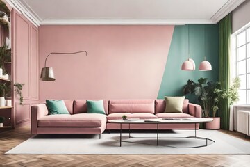 Modern living room with comfortable sofa, pastel colored walls. A combination of dusty pink and shades of green. Trendy color combination  beautiful view