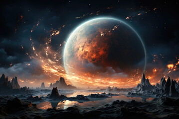 Futuristic landscape of a deserted place with mountains and a big planet in the sky
