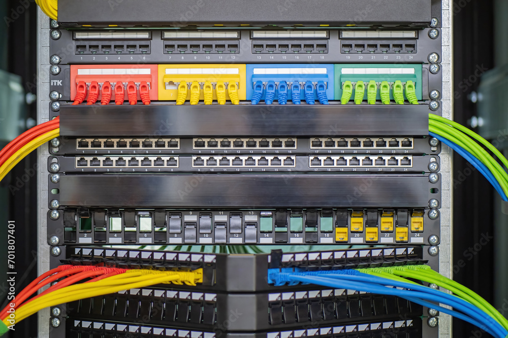 Poster network hardware. internet tech. server with multi-colored wires. server for factory or shopping cen