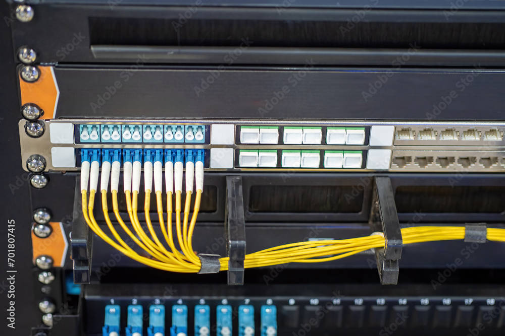Poster server equipment. network technologies. optical transceiver module. network equipment with fiber opt
