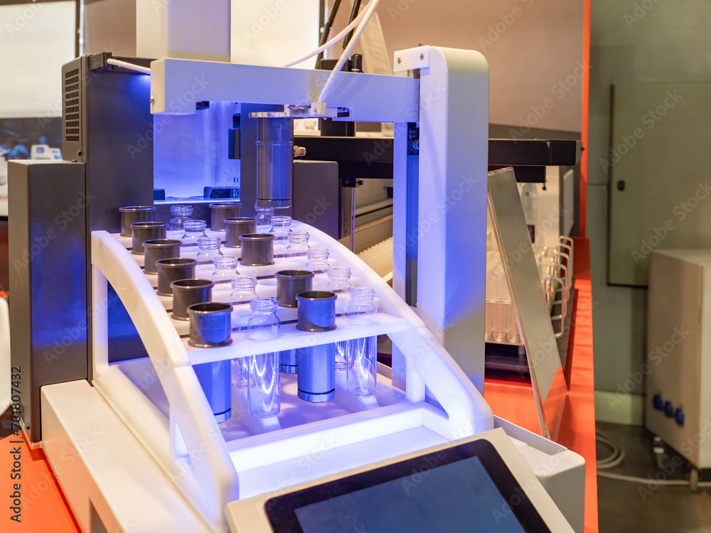 Poster laboratory equipment. pharmacological flasks in electronic device. equipment for testing medications