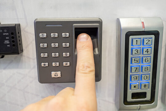 Biometric fingerprint reader. Access control equipment. Digital lock with biometric scanner. Scan your finger to gain access to safe. Enterprise access control. Biometric identification