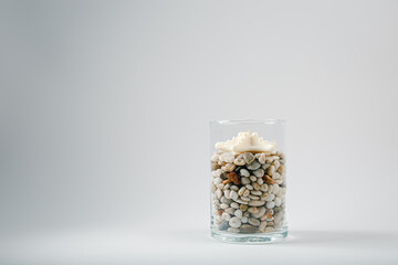 Seashells and starfish candles with stones in a glass on light background