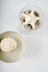 Seashells and starfish candles with stones in a glass on light background
