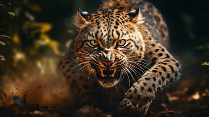 Running angry leopard. Speed motion. Generative AI