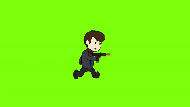 Little kid boy running with toy gun animation. Green Screen loop animation. Game assets character.