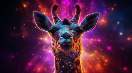 Cute giraffe on shiny colored space background. Generative AI - obrazy, fototapety, plakaty