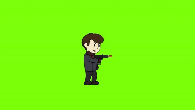 Little kid boy toy gun shoot attack animation. Green Screen loop animation. Game assets character.