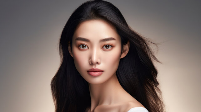 clean natural make up beauty shot of an young asian woman with copy space on isolated background