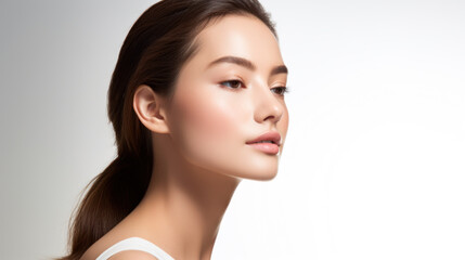 Obraz premium clean natural make up profile of young Asian woman with blue eyes on isolated background