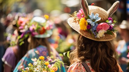 Easter parade with people dressed in vibrant spring attire