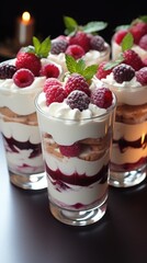 A close up of three desserts with raspberries and whipped cream. Valentine's Day desserts.