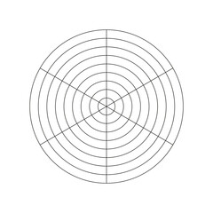 Wheel of life template. Polar grid of 6 segments and 8 concentric circles. Simple coaching tool for visualizing all areas of life. Blank polar graph paper. Circle diagram of life style balance. Vector