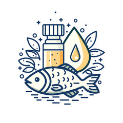 Fish oil drop. Vector drops and fish logo, treatment nutrition skin care, Omega 3.