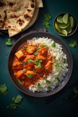 Chicken tikka masala spicy curry meat food with rice and naan bread , flat lay