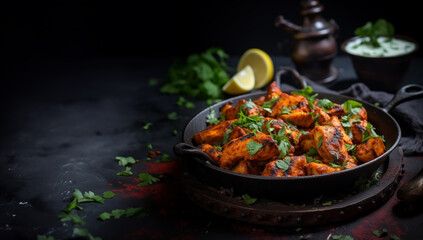 Chicken tikka masala spicy curry meat food ion the black background with copy space