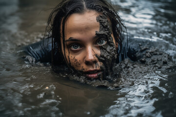 Woman submerged in floodwater and mud, dirty face