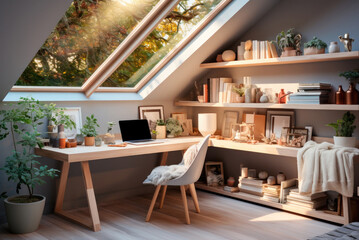 Cozy interior of a modern workplace with a laptop at home in Scandinavian style