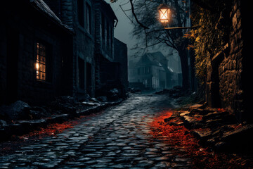 Horror scary atmosphere of medieval style village