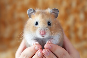 Portrait of a beautiful pet hamster in human hands, hamster looking into camera, caring for a pet, Generate Ai