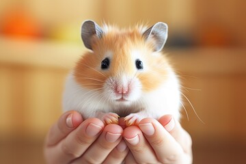 Portrait of a beautiful pet hamster in human hands, hamster looking into camera, caring for a pet, Generate Ai