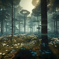 Virtual reality forest with pixelated trees.
