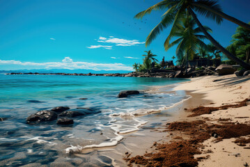 Beautiful beach. View of nice tropical beach with palms around. Holiday and vacation concept